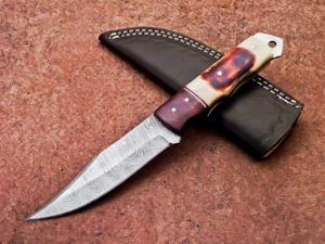 CUSTOM HAND FORGED DAMASCUS STEEL 8.0" SKINNING HUNTING KNIFE, SHEATH - TR-370 - Picture 1 of 11