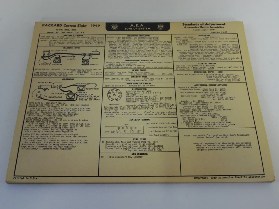 Packard Custom Ocho 1949 modelo 2306, 2333 AEA hoja de tabla de afinación Foto 1 de 1