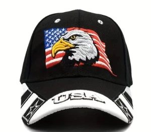 NEW BLACK WHITE "USA" UNITED STATES FLAG BALD EAGLE CAP PATRIOTIC MILITARY HAT - Picture 1 of 5