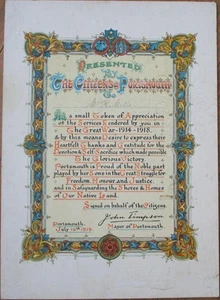 Portsmouth England 1919 WWI Service Certificate, Ornate John Timpson Mayor - Picture 1 of 1