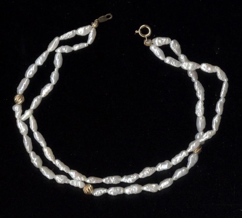 Nuevo Brazalete 2 Hilos Oro Amarillo Sólido 14K 4.59 Gramos 7.75" Perla Arroz Blanco Mf Foto 1 de 1
