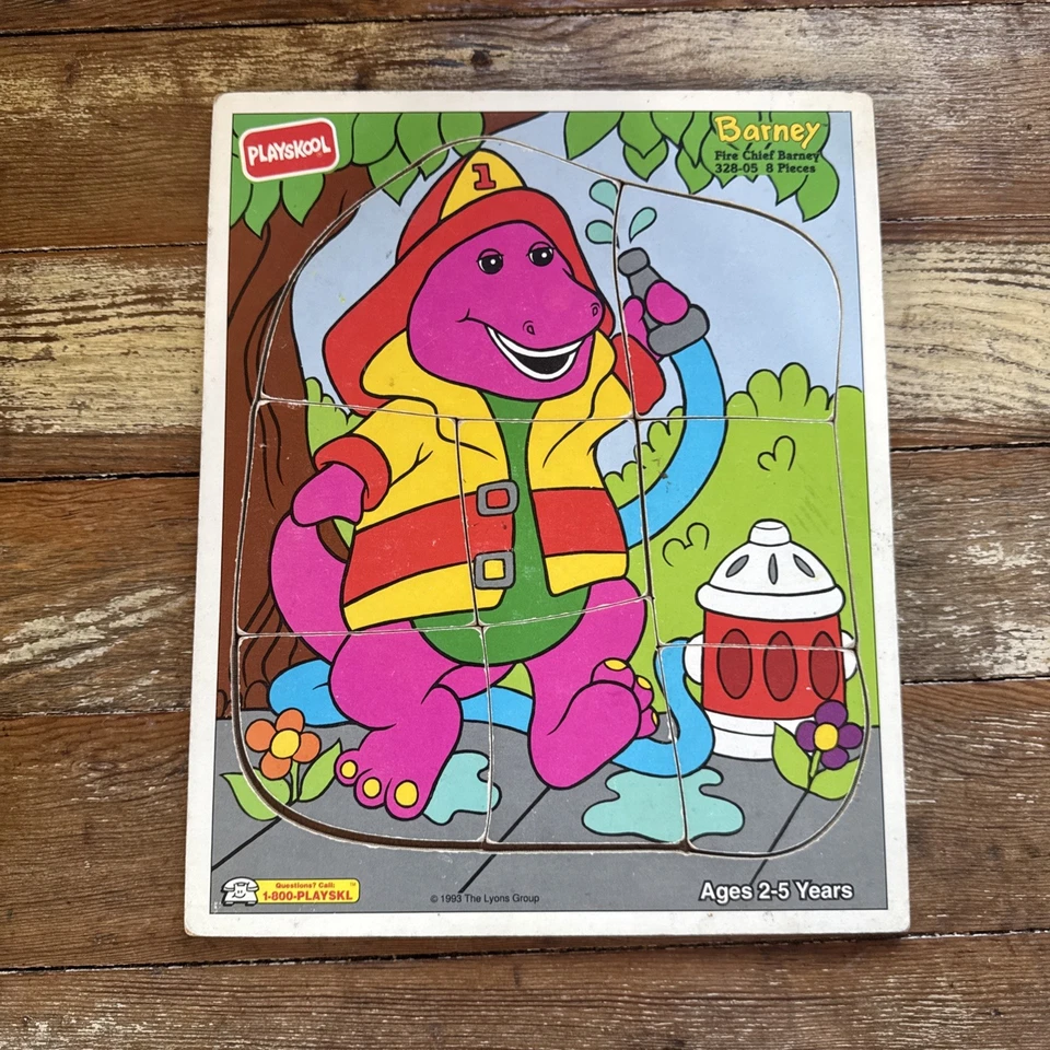 Rompecabezas de bombero de madera Playskool Barney 1993 8 piezas juguete preescolar vintage Foto 1 de 1