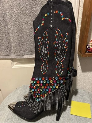 Botas para mujer Gianni Bini talla 9M Kaitlin estrás flecos denim vaquero negras Foto 1 de 3