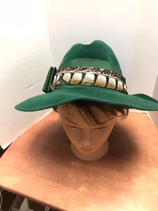 Vintage Frank Olive Green Felt w/Ribbon Bow & Feather Women's Fedora Hat - Picture 1 of 11