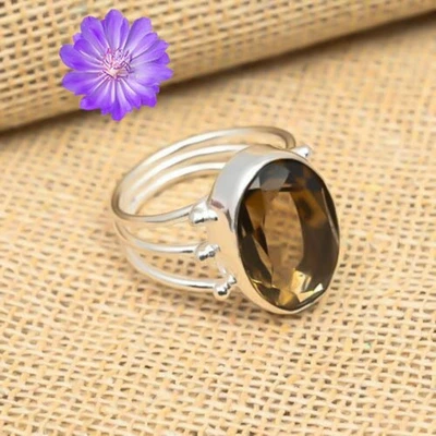 Anillo de plata de ley 925 con piedras preciosas de cuarzo ahumado hecho a mano joyería regalo San Valentín Foto 1 de 2