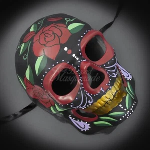 Day of the Dead Full Face Black Skull Halloween Masquerade Mask with Rose - Picture 1 of 4