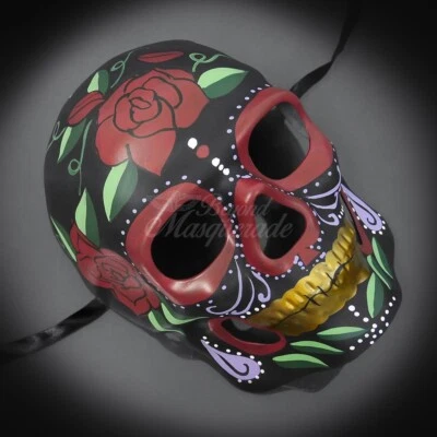 Day of the Dead Full Face Black Skull Halloween Masquerade Mask with Rose - Image 1 of 4