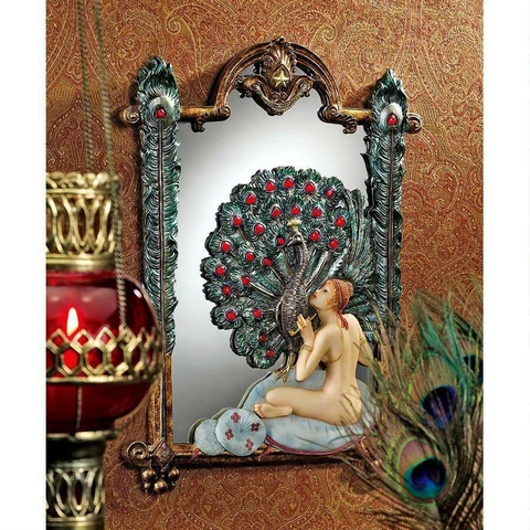 18 "Dreams of the Peacock Maiden Sculptural Wall Mirror Hanging Plaque Home Deco Cover