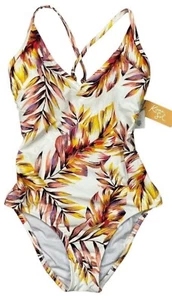 Kona Sol Womens One Piece Swimsuit NWT Size XL Pink Yellow Tropical Leaf Print - Picture 1 of 8
