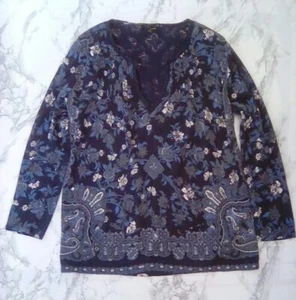 Damen Lucky Brand V-Ausschnitt T-Shirt mittelblau Blumenmuster Baumwolle 3/4-Arm Indien 14 - Bild 1 von 3