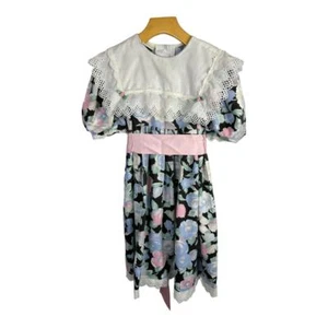 Debut Vintage Girls size 7 Floral Dress White Lace Bib Collar Puff Sleeve 80s  - Picture 1 of 9