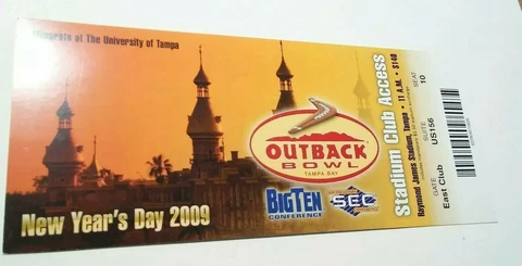 2009 Outback Bowl Club Ticket Iowa Hawkeyes South Carolina Football U of Tampa Cover