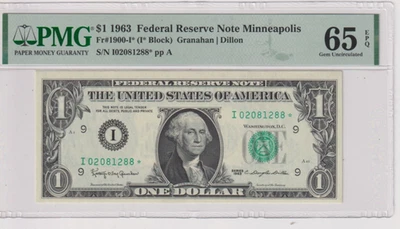 Fr 1900-I* STAR 1963 $1 FRN I02081288* bp 463 PMG 65EPQ MINNEAPOLIS NON MULE - Image 1 of 2
