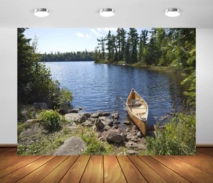 Beleco 7 x 5 Fuß Stoff Wald See Fischer Kanu Hintergrund für Fotografie Su - Bild 1 von 7