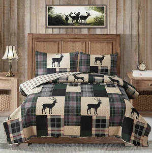 Lodge Quilt Set King Size Plaid Patchwork Rustic Cabin Bedding Moose Deer Pri... - Picture 1 of 7