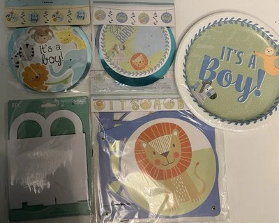 Decoraciones de baby shower: ¡2 guirnaldas y 1 letra banner NIÑO! Platos de 8 cajas de favoritos Foto 1 de 4