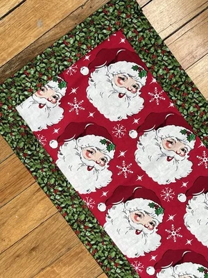 Happy Santas Table Runner. Handmade Reversible. 36”x11” - Image 1 of 4