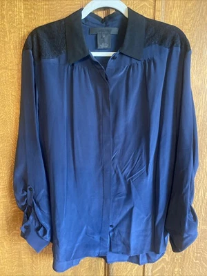 Женская рубашка Jason Wu 14 шелковая синяя кружевная блузка с закатанным рукавом - Изображение 1 из 4