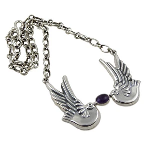 925 Sterling Silver Taxco Necklace Maria Belen Lovebirds Dove Amethyst Gemstone - Picture 1 of 6
