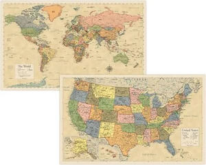 2er Pack - Laminierte Weltkarte & USA Karte Poster Set - Wandkarte Weltkarte & - Bild 1 von 3