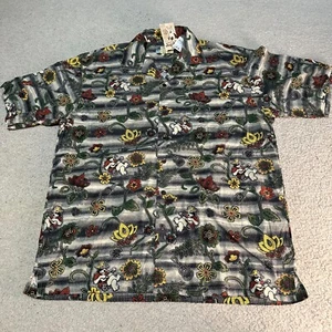 Men's Y2K Big Dogs Button Up Floral Hawaiian Green Ukulele Collared Shirt Size L - Picture 1 of 6