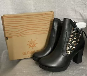 Globalwin Platform Chunky Heel Lugged Sole Boots 10 Black Leopard Print Lace Up - Picture 1 of 13