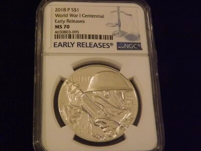 2018-P  $1     WORLD WAR I CENTENNIAL       Early Releases            NGC  MS 70 - Image 1 of 2