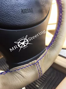 FITS 1996-06 TOYOTA 4RUNNER BEIGE LEATHER STEERING WHEEL COVER R BLUE DOUBLE STT - Picture 1 of 3