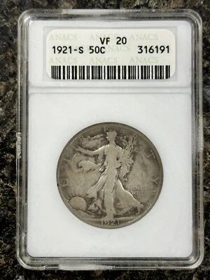1921 年 S 版 VF20 Key Date Walking Liberty Half Anacs 肥皂盒 旧支架 PQ 好! — 第 1/2 张图片