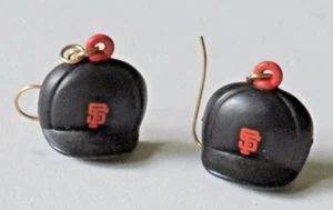 Vintage Pair Russ China Baseball Cap Dangle Earrings Black Orange Wood ? Carved - Picture 1 of 7