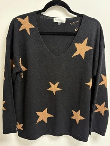 Peach Love California Women’s Sweater Small Black Tan Star Print V-Neck - Picture 1 of 5