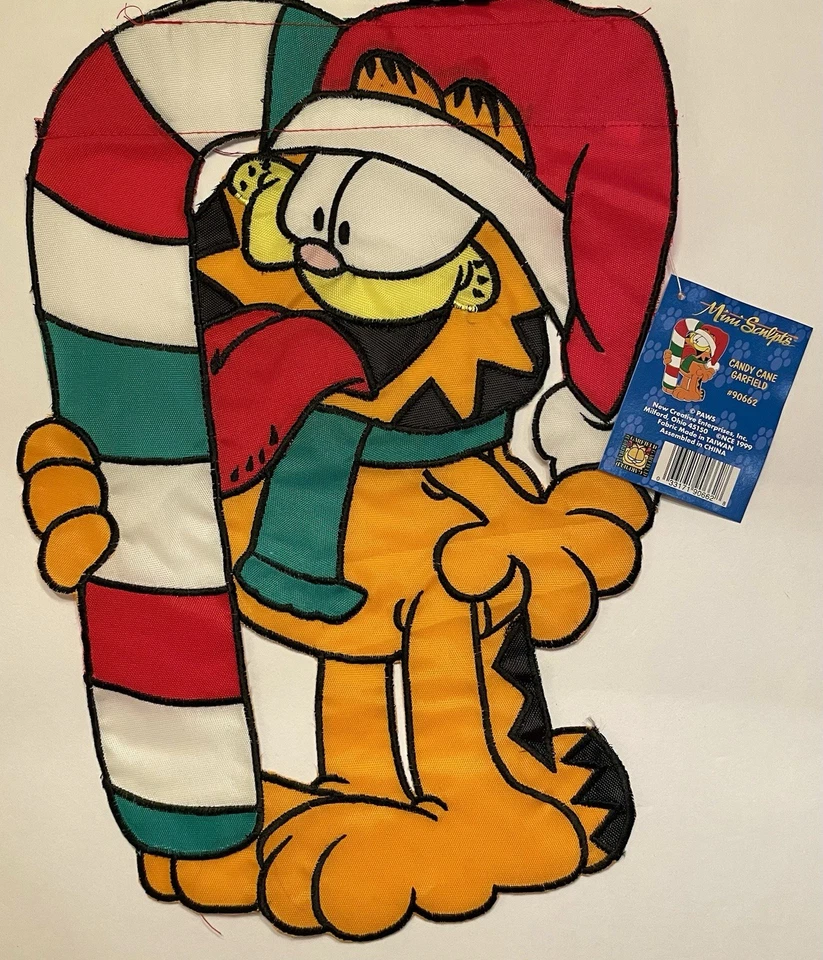 GARFIELD SANTA CANDY CANE CHRISTMAS APPLIQUE MINI GARDEN YARD FLAG NEW VINTAGE - Image 1 of 1