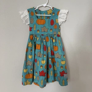 Eleanor Kleid Rose Herbst Print blau Mädchen 4-5 Jahre Kürbisblätter Spitzenärmel Wirbel - Bild 1 von 4