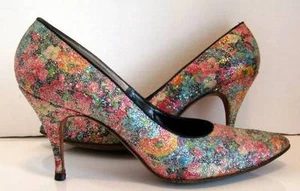 Vintage 50er Jahre mehrfarbig Glitzer Glitzer Blumen Heels/Pumps Größe 7 1/2 - Bild 1 von 12