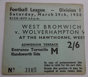 1957/58 Division 1 WBA West Brom v Wolves Ticket Stub - Picture 1 of 2