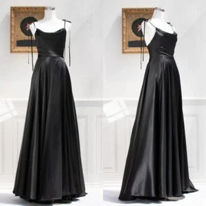 Black Wedding Dresses Gothic V Neck Sleeveless Satin Summer A Line Bridal Gowns - Picture 1 of 5