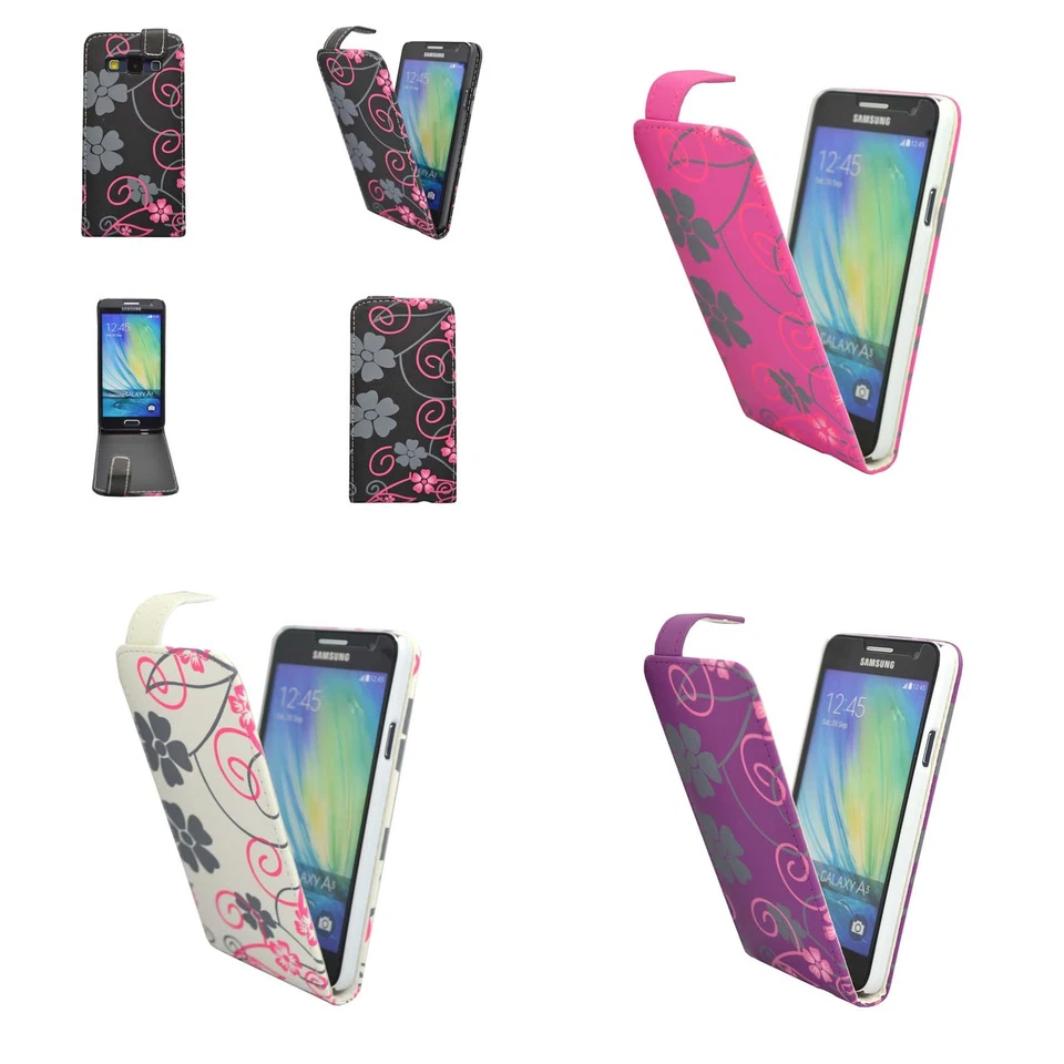 CASE FOR SAMSUNG GALAXY A3 FLIP PU LEATHER PINK FLOWER SWIRL POUCH PHONE COVER  - Image 1 of 4