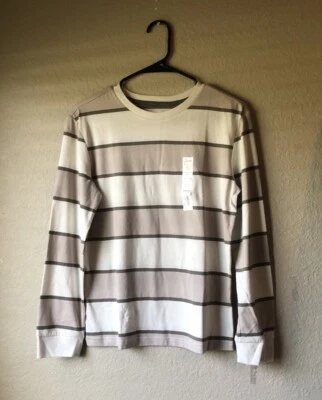 New Sonoma Shirt Boys Tan Striped Long Sleeve Crew Neck Tee Shirt Top Boys Large - Image 1 of 4