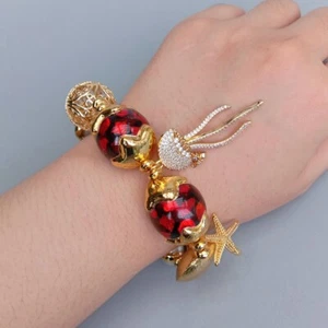 Red Murano Glass White Pearl Gold Plated Charm Beaded Bracelet - Picture 1 of 6