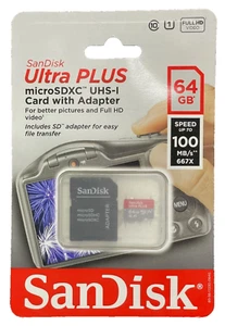SanDisk Ultra Plus 64 GB microSDXC UHS-I Card w Adapter Video Speed 100 MB/S NEW - Picture 1 of 2