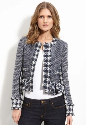 TORY BURCH JAYLA SIZE 6 Navy Blue & White Houndstooth Tweed Beaded Blazer Jacket - Image 1 of 4