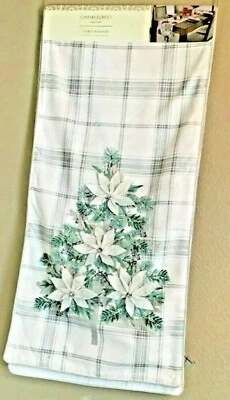CYNTHIA ROWLEY TABLE RUNNER (1) POINSETTIAS GREEN GRAY PLAID 16 X 72 NWT - Image 1 of 3