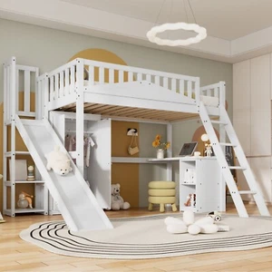 Hochbett Kinderbett 90x200cm mit Schreibtisch, Kleiderschrank und Rutsche Weiß - Bild 1 von 14