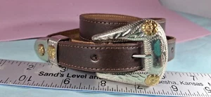 Cintura western in pelle marrone imbracatura frye USA metallo bicolore da donna taglia 32 - Foto 1 di 7