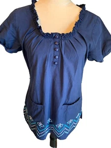 Peaches Scrub Top Navy Gathered Neckline & Sleeves Embroidered Hem Size Small - Picture 1 of 7