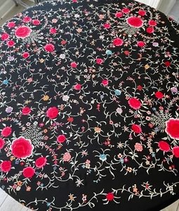 Gorgeous Antique Chinese Hand Embroidered Black Silk Floral Piano Shawl YY367 - Picture 1 of 14