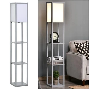 Tall Grey Floor Lamp Shelves Unit Bookcase Square Lampshade 3 Tier Standing Lamp - Picture 1 of 10