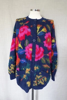 ROYAL ALPACA Hand Knit Intarsia FLORAL CARDIGAN - size 14 VGC - Image 1 of 4