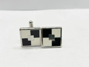 VINTAGE SILBERFARBENE ART DECO SCHWARZ-WEISS WÜRFEL QUADRATISCHE VORDERSEITE HERREN MANSCHETTENKNÖPFE - Bild 1 von 3