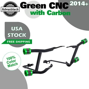 Green w/ Carbon ProTek Rear Performance Crash Bar Saddlebags Guards Fits Harley - Picture 1 of 10